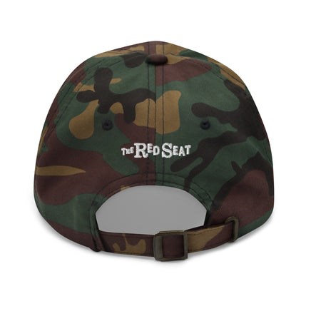 back of camo baseball hat with the red seat logo