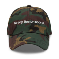 camo baseball cap with "i enjoy boston sports" embroidered in white helvetica font