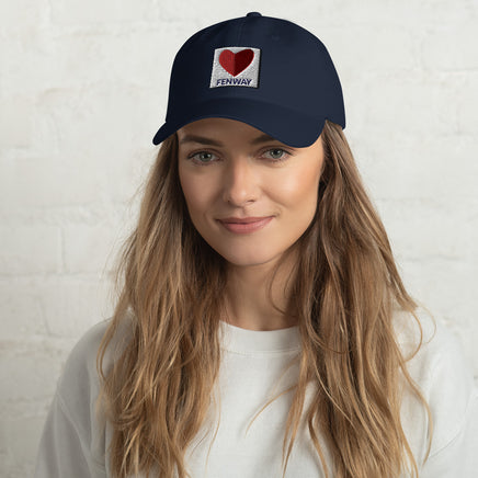 woman wearing graphic of the citgo sign boston fenway as a heart embroidered on baseball hat