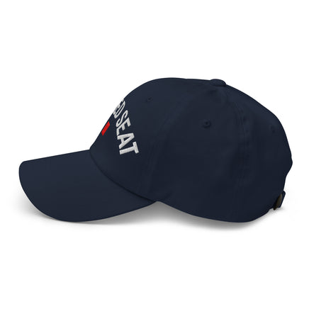 Navy blue cap with white The Red Seat text on a white background