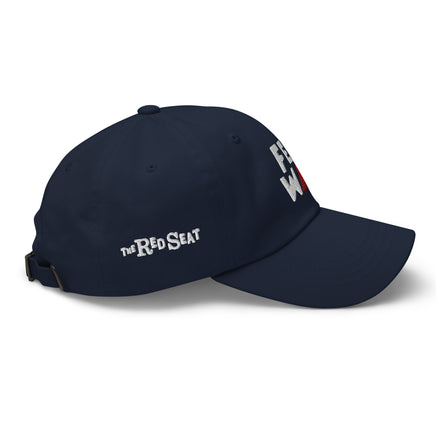 Navy Fenway Citgo dad hat, right side view showing The Red Seat embroidery and adjustable strap