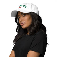 Woman wearing a white cap with text on a white background