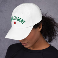 Female Model wearing white The Red Seat Wordmark Edition baseball cap