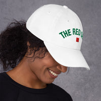 Female Model wearing white The Red Seat Wordmark Edition baseball cap