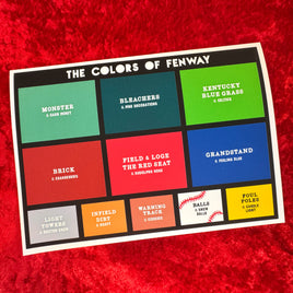 photo of the red seat colors of fenway holiday card with different blocks of color representing different areas of fenway park and the holiday season