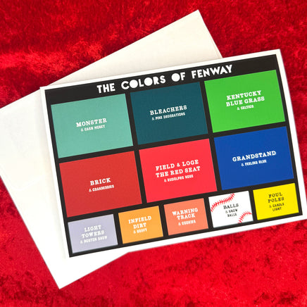 photo of the red seat colors of fenway holiday card with different blocks of color representing different areas of fenway park and the holiday season