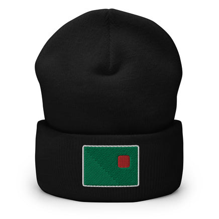 photo of a black beanie with the red seat logo in green and red embroidered on the cuff