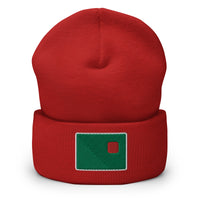 photo of a red beanie with the red seat logo in green and red embroidered on the cuff