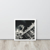 Black and white fine art photograph of the back of fenway park green monster nighttime in white frame