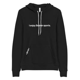 black unisex hoodie with the words i enjoy boston sports in white with the red seat logo