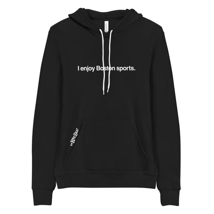 black unisex hoodie with the words i enjoy boston sports in white with the red seat logo