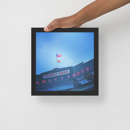 black frame Photograph of the inside of fenway park boston red sox pride flag with american flag