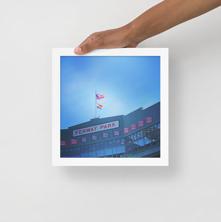 white frame Photograph of the inside of fenway park boston red sox pride flag with american flag