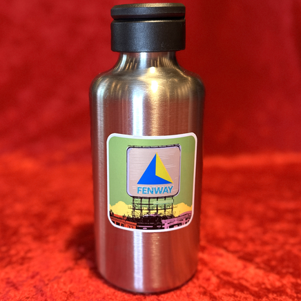 2.5 in weatherproof square sticker of Boston Citgo Sign with green background on a metal water bottle