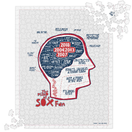 jigsaw puzzle with the red seat design of the mind of a red sox fan inspired by phrenology