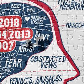 close up of jigsaw puzzle with the red seat design of the mind of a red sox fan inspired by phrenology