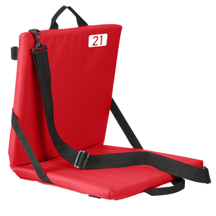 photo of red portable cushioned stadium seat with the number 21