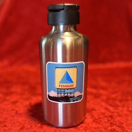 2.5 in weatherproof square sticker of Boston Citgo Sign with light blue background on a metal water bottle