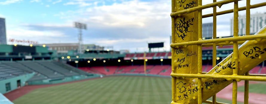 photo of the inside on fenway park from the monster seats with the fisk pole in the foreground