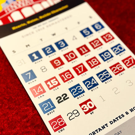 close up photo of the red seat 2024 calendar with full red sox schedule