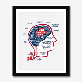 art print with the red seat design of the mind of a red sox fan inspired by phrenology with black frame