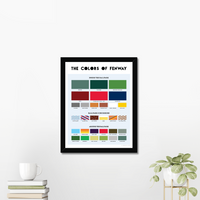 Black framed Print with palette of colors found inside and around boston red sox fenway park, on the wall