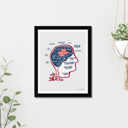 close up art print with the red seat design of the mind of a red sox fan inspired by phrenology