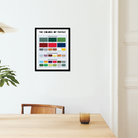 Black framed Print with palette of colors found inside and around boston red sox fenway park, on the dining room wall