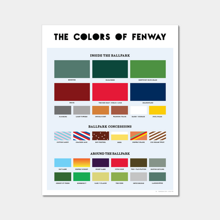 Print with palette of colors found inside and around boston red sox fenway park, on the wall
