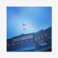 Photograph of the inside of fenway park boston red sox pride flag with american flag