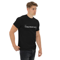 man wearing I don't enjoy Boston sports right now. t-shirt, black unisex tee with handwritten annotation over original design