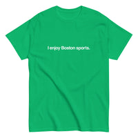 photo of a green unisex t-shirt with the words i enjoy boston sports in white text