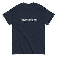 photo of a navy blue unisex t-shirt with the words i enjoy boston sports in white text