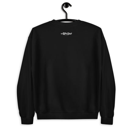 Back of the Fenway Gothic crewneck on a hanger with a small The Red Seat logo