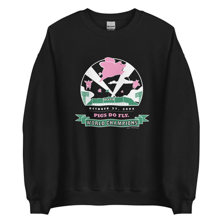 black unisex crewneck sweatshirt with 2004 boston red sox world series champion design with pigs flying over fenway park at night