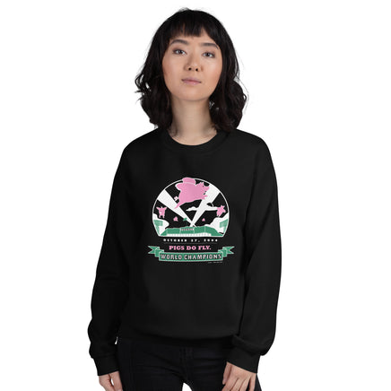 woman wearing black unisex t-shirt with 2004 boston red sox world series champion design with pigs flying over fenway park at night