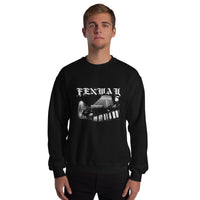 Man wearing the Fenway Gothic crewneck sweatshirt, front view