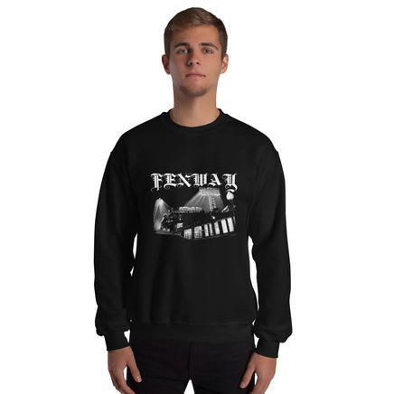 Man wearing the Fenway Gothic crewneck sweatshirt, front view