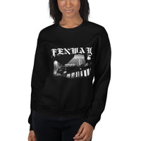 Woman wearing the Fenway Gothic crewneck sweatshirt, front view