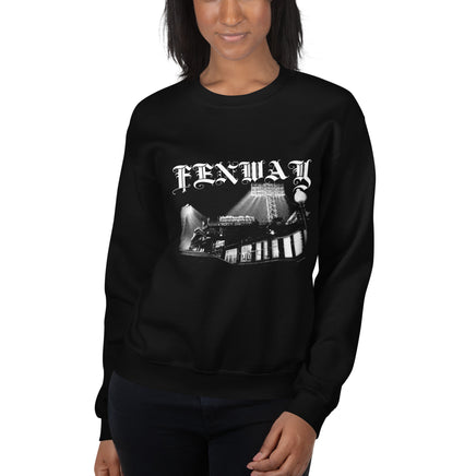 Woman wearing the Fenway Gothic crewneck sweatshirt, front view