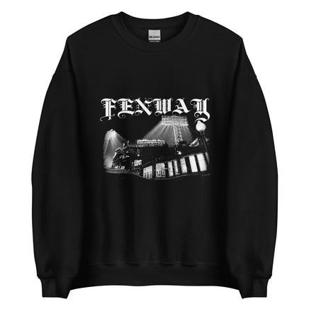 Fenway Gothic crewneck sweatshirt in black, flat front view: Fenway Park at night under the light towers with FENWAY in gothic blackletter