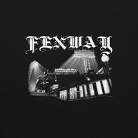 Close-up of the Fenway Gothic design on a black crewneck sweatshirt