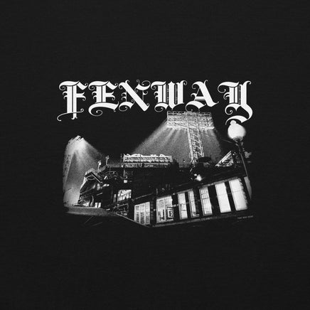 Close-up of the Fenway Gothic design on a black crewneck sweatshirt