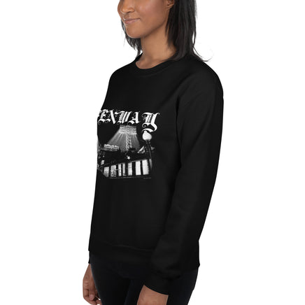 Woman wearing the Fenway Gothic Fenway Park sweatshirt, angled left