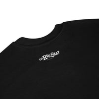 Close-up of The Red Seat logo on the upper back of the Fenway Gothic crewneck
