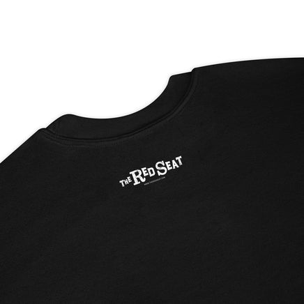 Close-up of The Red Seat logo on the upper back of the Fenway Gothic crewneck