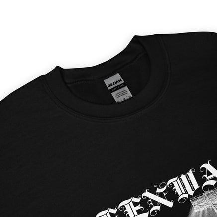 Close-up of the collar and blackletter FENWAY print on the Fenway Gothic crewneck