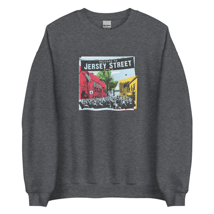 photo of dark grey unisex crewneck sweatshirt with boston red sox fenway park jersey street gate a design with blocks of color