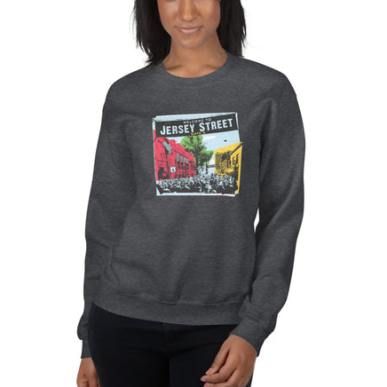 photo of woman wearing dark grey unisex crewneck sweatshirt with boston red sox fenway park jersey street gate a design with blocks of color