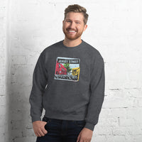 photo of man wearing dark grey unisex crewneck sweatshirt with boston red sox fenway park jersey street gate a design with blocks of color